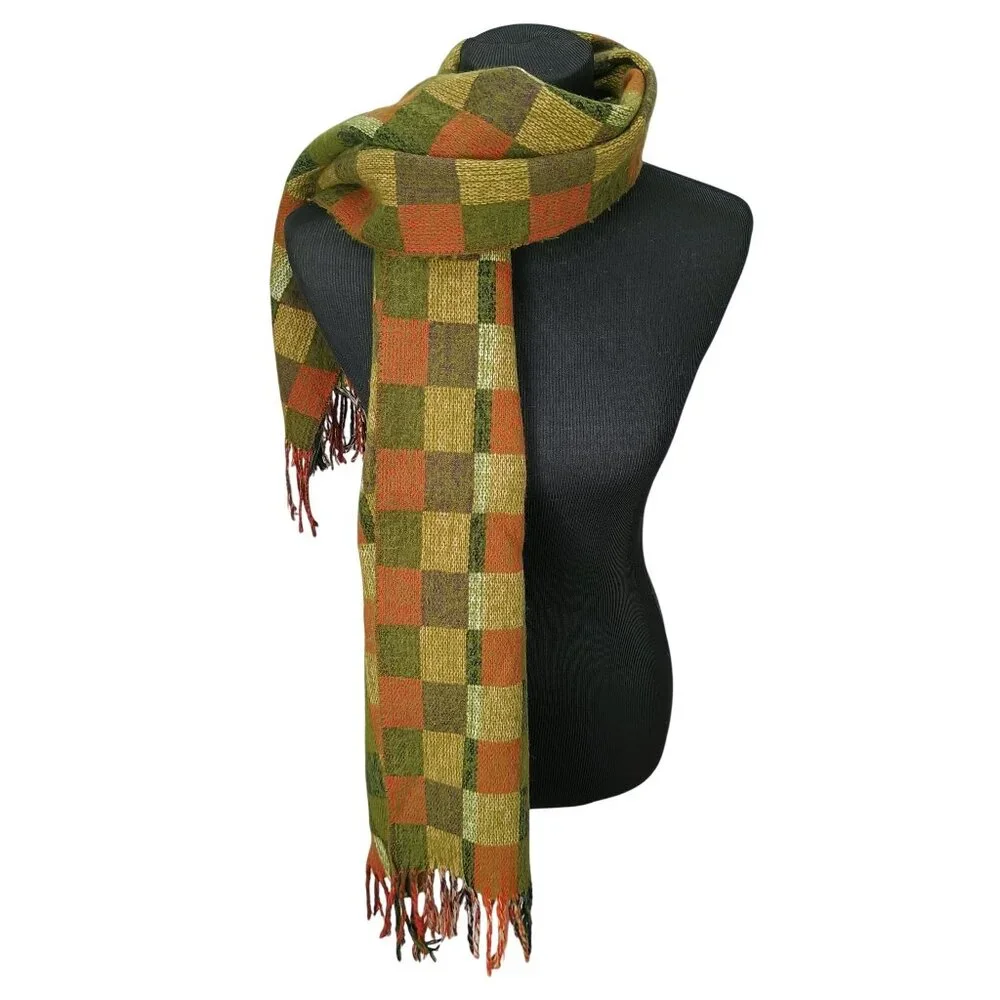 Handwoven Checkered Scarf Fall‎ Autumn Colors Fringed Ends